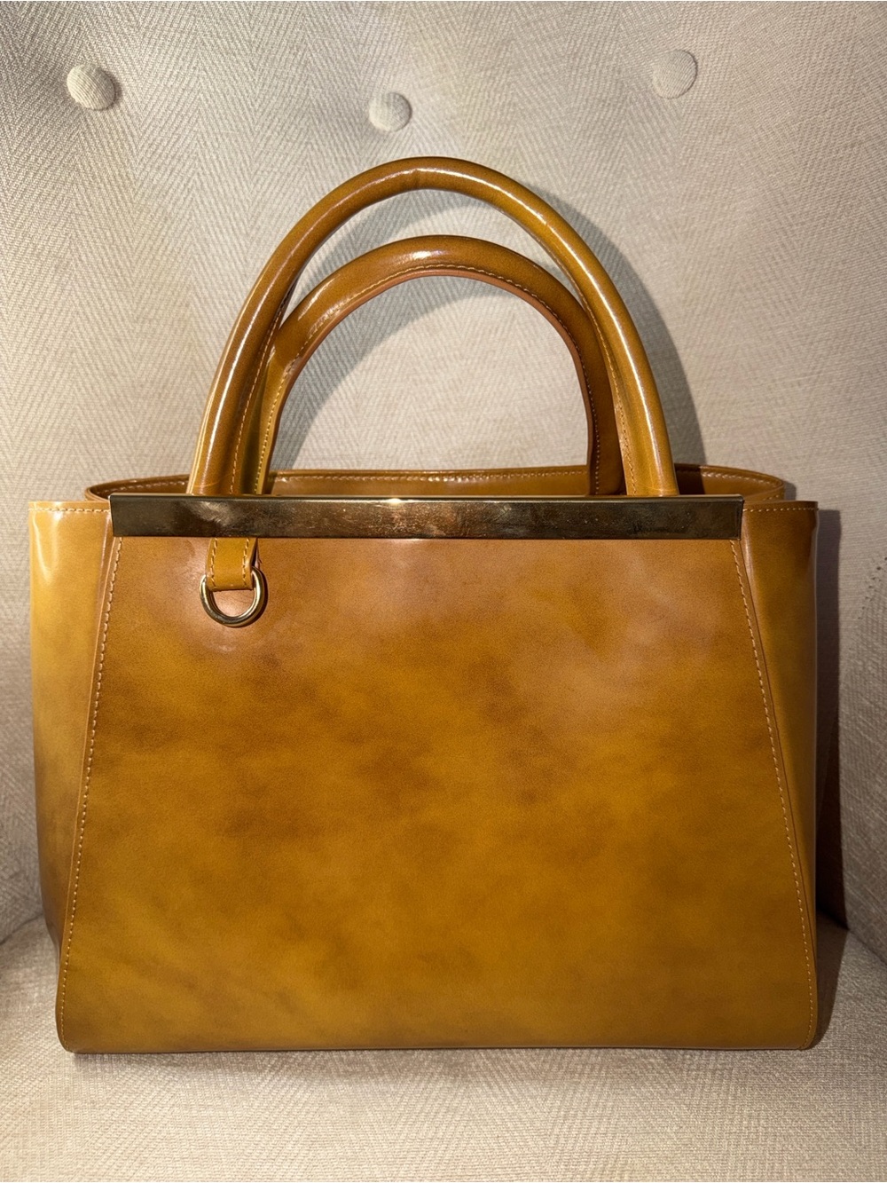 Alberta Di Canio Tan Brown Leather Satchel with Gold Trim